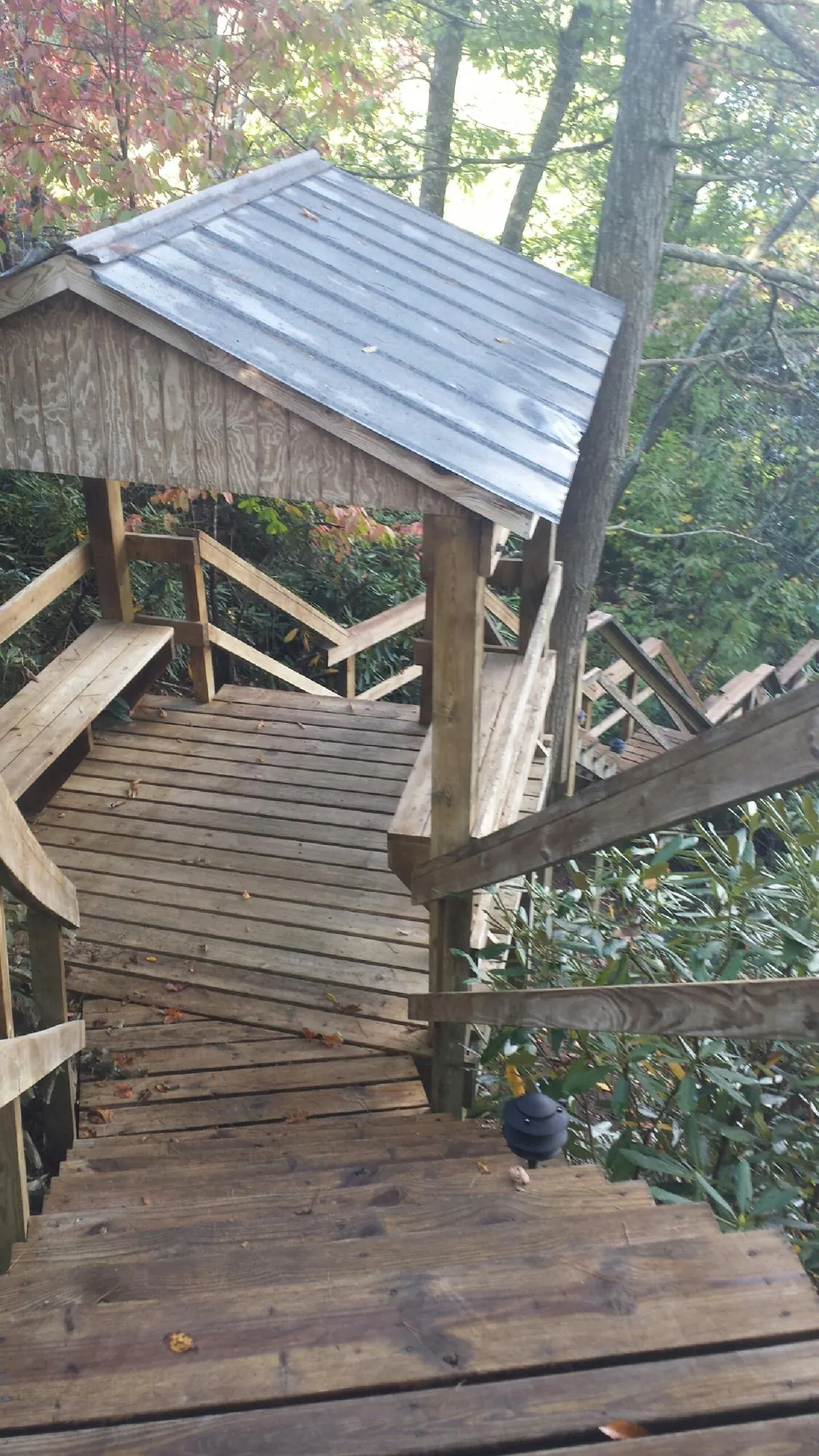 Metal roofed shelter over wooden steps on a wooded walkway — Skylight Repair & Installation work by our crew in Heppner